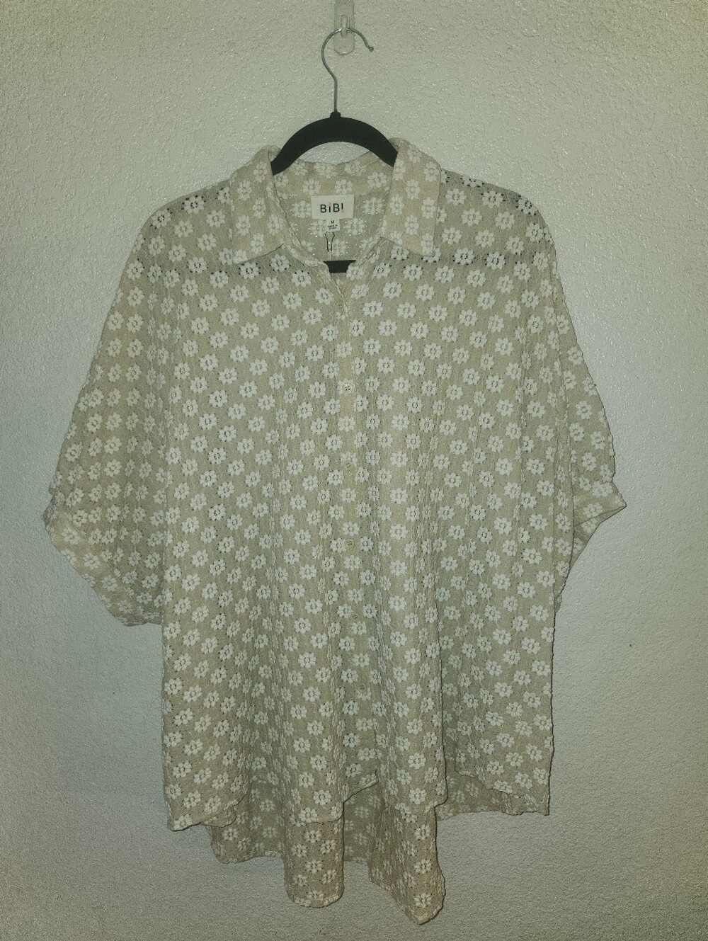 BiBi Light Beige Floral Eyelet Button-Down Shirt - Picture 2 of 9